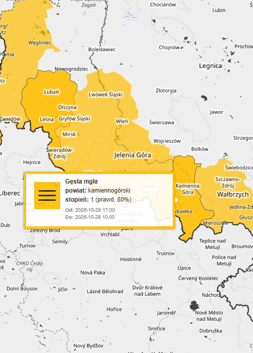 IMGW PIB gęsta mgła ostrzeżenie