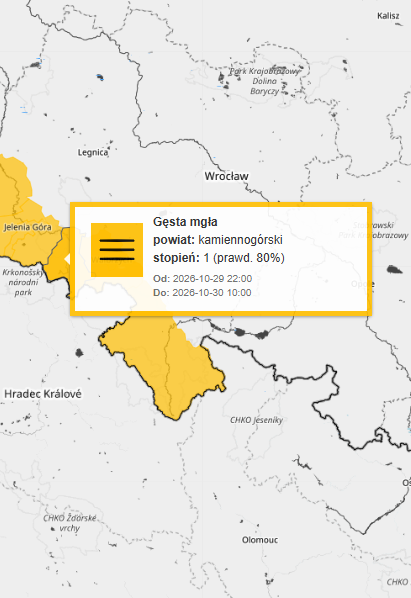 IMGW PIB gęsta mgła ostrzeżenie stopień 1