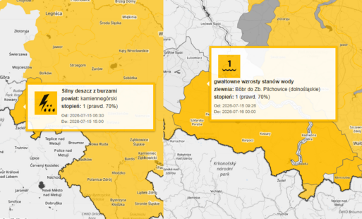 Zdjęcie do Ostrzeżenia meteorologiczne: silne deszcze z burzami - stopień 1 / hydrologiczne - stopień 1