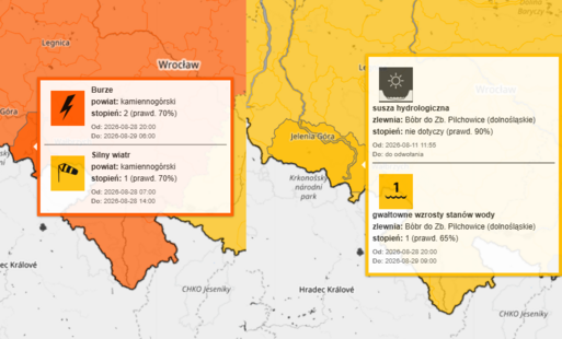 Zdjęcie do Ostrzeżenia meteorologiczne i hydrologiczne: burze - stopień 2 / silny wiatr - stopień 1 / gwałtowne wzrosty stan&oacute;w wody - stopień 1